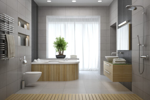 salle de bain, baignoire d'angle, ton bois