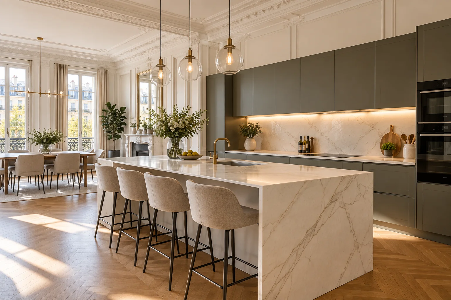 Cuisine contemporaine sur mesure avec îlot central dans un appartement parisien