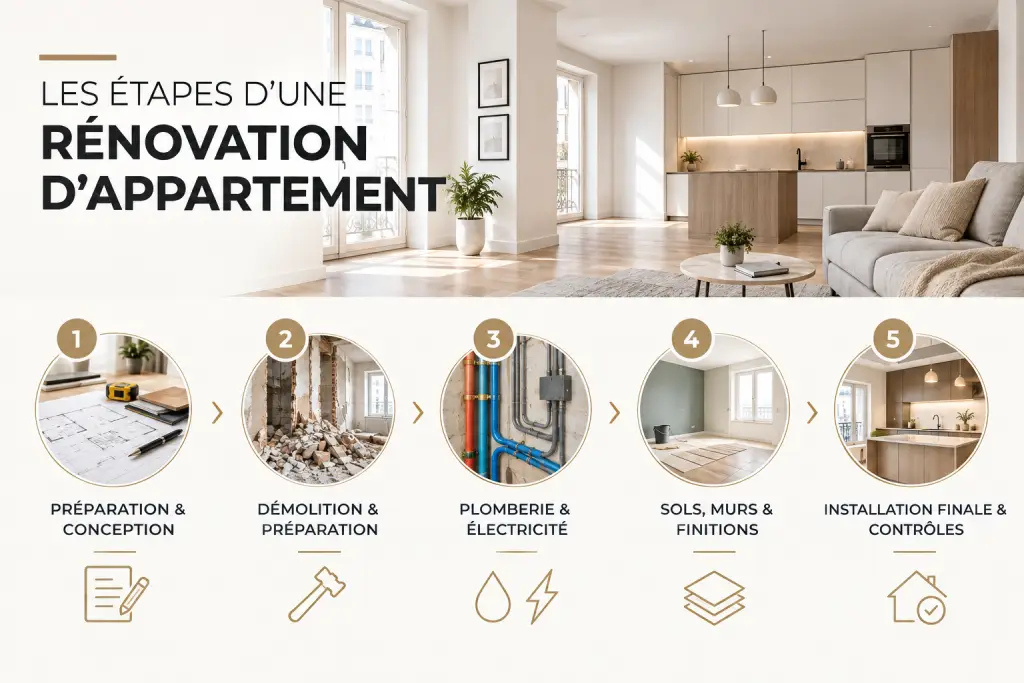 Les cinq étapes clés d’une rénovation d’appartement, de la conception à la réception des travaux