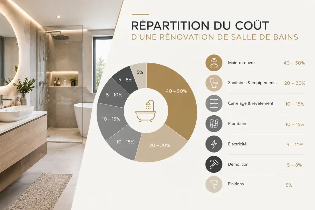 Répartition du coût d’une rénovation de salle de bains entre main-d’œuvre, équipements, carrelage, plomberie, électricité, démolition et finitions